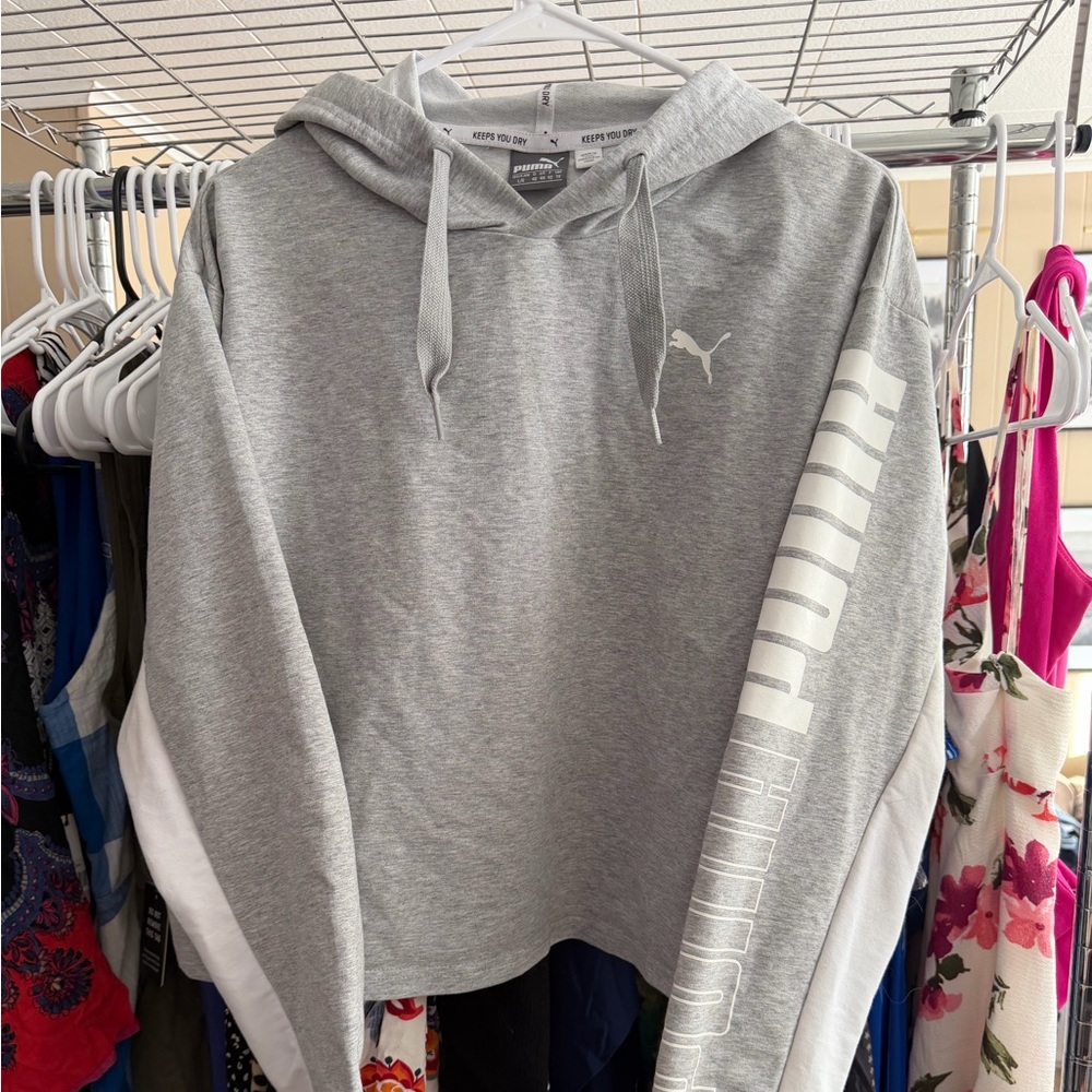 Puma Heather Gray Cropped Hoodie with White Logo